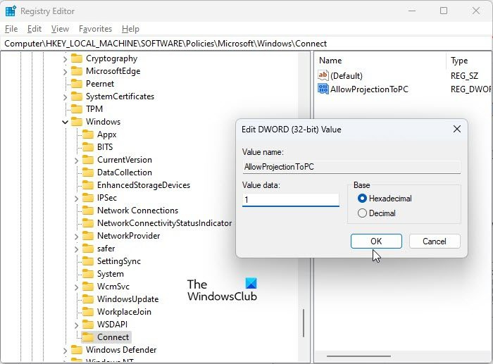 Paganahin ang projection sa PC na ito gamit ang Registry Editor sa Windows 11
