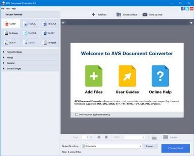 AVS Document Converterin avulla voit muuntaa tiedostoja DOC-, PDF-, DOCX-, RTF-, TXT-, HTML- jne. Välillä.