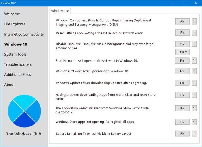FixWin Windows 10: Korjaa ongelmat ja ongelmat napsautuksella