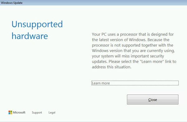 Blokeerige Windows Update'is toetamata riistvara hüpikaken