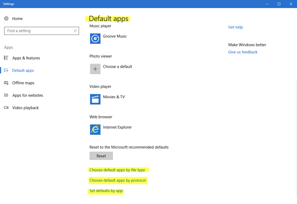 définir les applications par défaut pour Windows 10