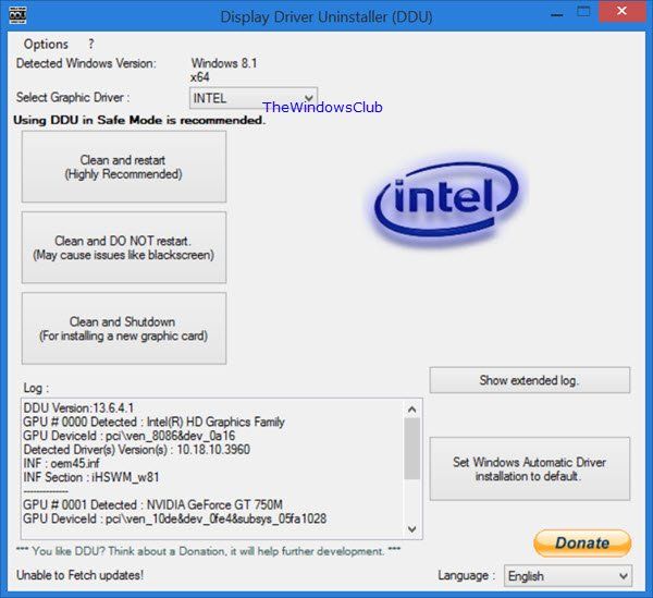 Odstranitev gonilnika zaslona: orodje za odstranjevanje gonilnikov AMD, INTEL, NVIDIA za Windows 10