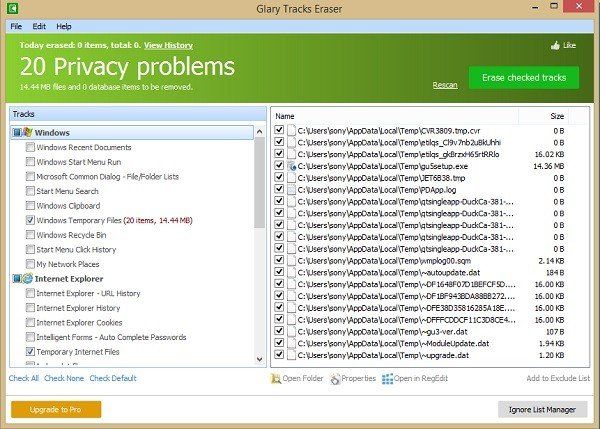 Glary Track Eraser: Perisian Internet dan perisian pembersih privasi untuk Windows