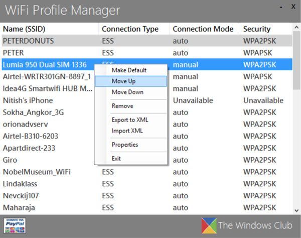 مدير ملف تعريف WiFi: عرض ملفات تعريف الشبكة اللاسلكية المفضلة في Windows 8/10