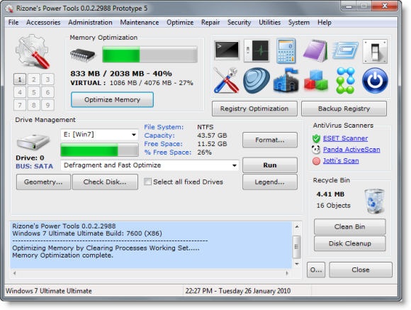 Power Tools de Rizone - Freeware Utilities Suite pour Windows 7