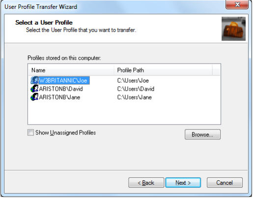 Transwiz-käyttäjäprofiilin siirtotoiminnon avulla voit siirtää käyttäjäprofiileja Windowsissa