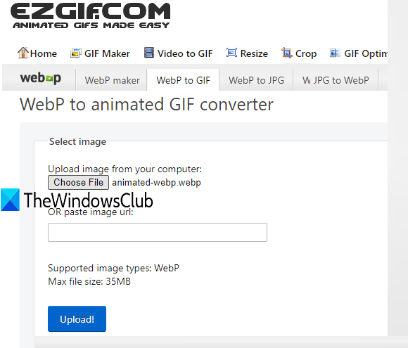 Ezgif-tjeneste med WebP til animeret GIF-konverter