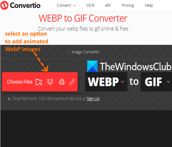 Convertio-service met vier opties voor het toevoegen van geanimeerde webp-afbeeldingen