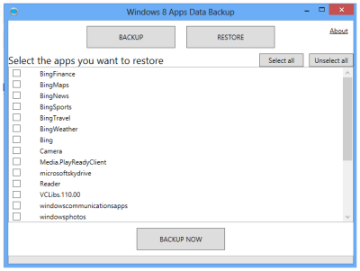 Ventana de copia de seguridad de datos de la aplicación de Windows 8
