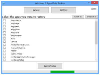 Inicio de copia de seguridad de datos de aplicaciones de Windows 8 Copia de seguridad de ventana