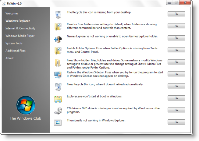إصلاح وإصلاح مشاكل Windows 7 و Vista باستخدام FixWin Utility