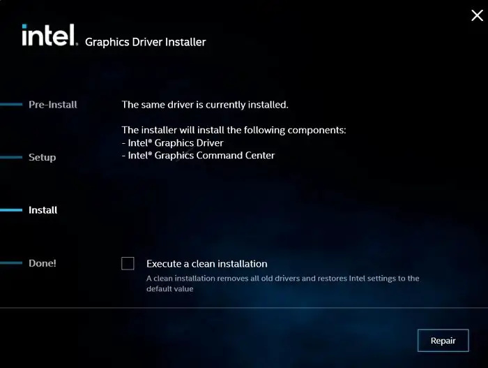   Execute uma instalação limpa do driver de gráficos Intel