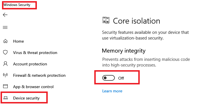 Dezactivați Securitatea Windows izolarea nucleului de integritate a memoriei