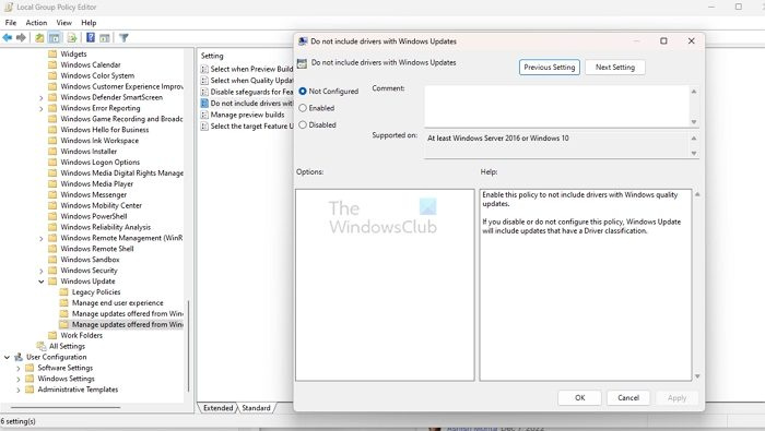 La política de grup no activa les actualitzacions de controladors de Windows