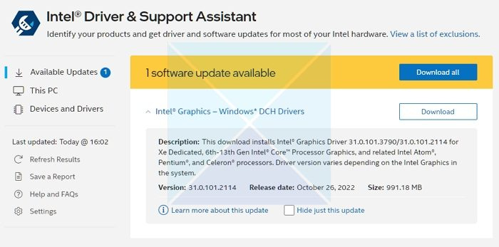 Установите драйвер Intel с помощью Support Assistant