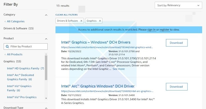 Laadige Inteli draiver käsitsi Inteli veebisaidilt alla.