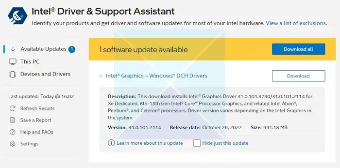 قم بتثبيت برنامج تشغيل Intel باستخدام Support Assistant