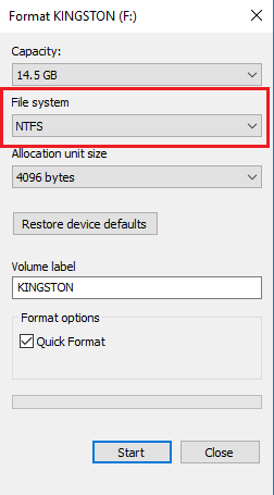 ڈرائیو کو NTFS کے بطور فارمیٹ کریں۔