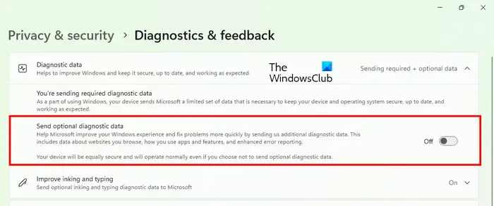   Atspējot papildu diagnostikas datus operētājsistēmā Windows 11