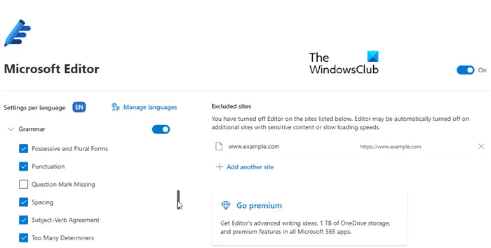   Microsoft redaktora iestatījumu lapa programmā Edge