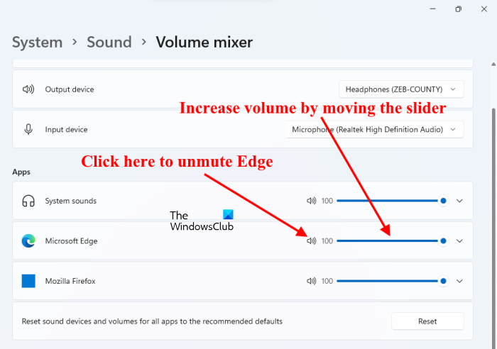 בדוק את הגדרות מיקסר עוצמת הקול עבור Microsoft Edge