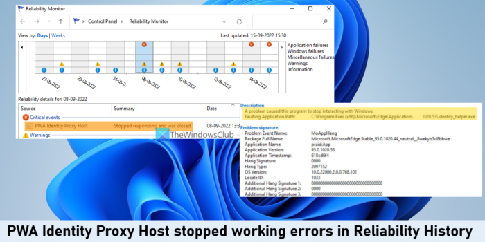 PWA Identity Proxy Host نے Reliability History میں غلطیاں کام کرنا بند کر دیا۔