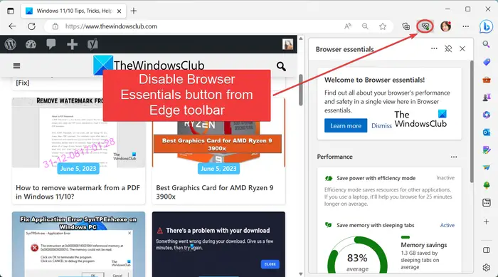 Knop Browser Essentials (hart) uitschakelen op de Edge-werkbalk