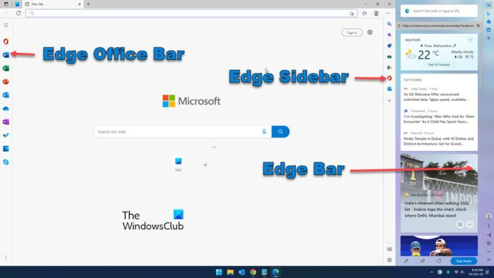 Vysvětlení Microsoft Edge Bar, Edge Sidebar a Edge Office Bar