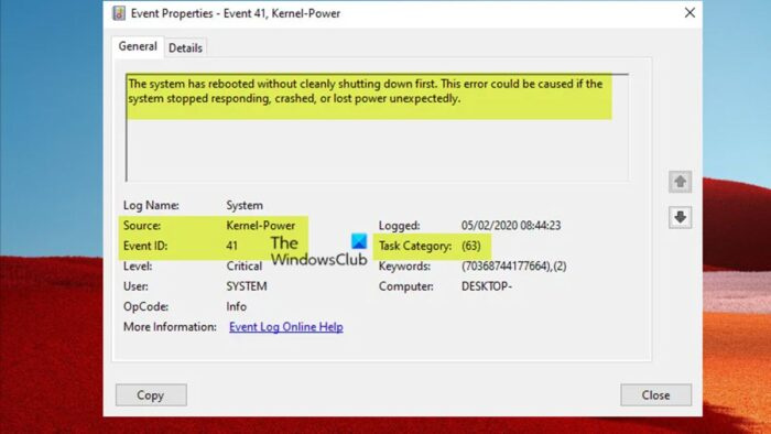 Събитие Kernel-Power ID 41 Задача 63 Грешка в Windows 11/10