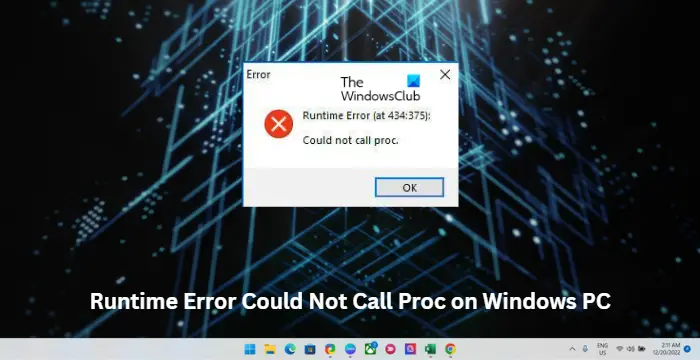Ret runtime fejl, kunne ikke kalde proc på Windows-maskiner