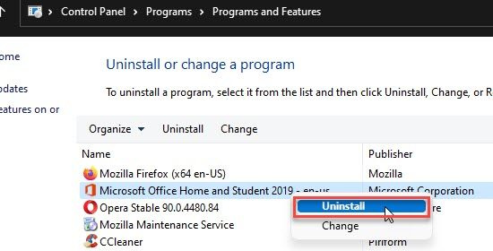 Удаление Microsoft Office через панель управления