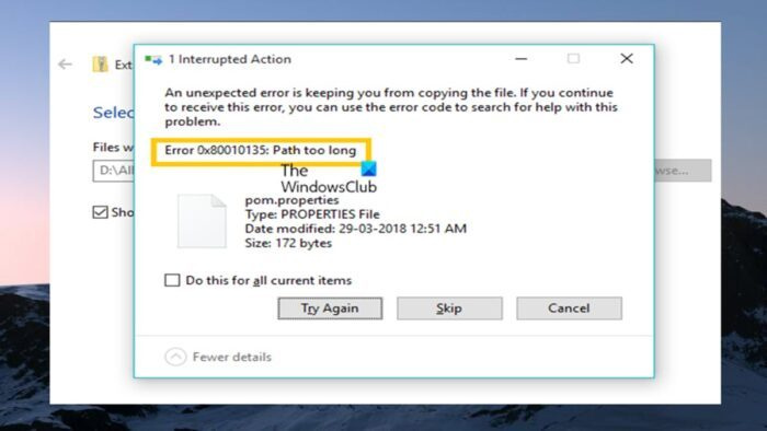 Chemin trop long Erreur 0x80010135 lors de l'extraction d'un fichier zip dans Windows 11/10