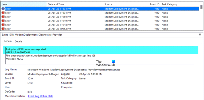 Ir ziņots par WIL Autopilot.dll kļūdu operētājsistēmā Windows 11/10