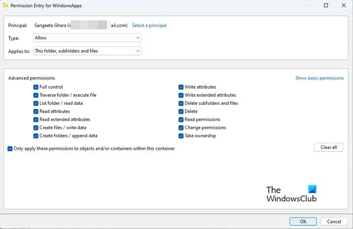   WindowsApps फ़ोल्डर के लिए अनुमतियाँ बदलना