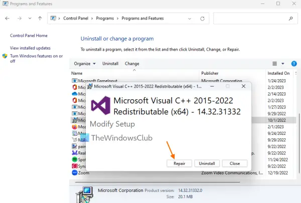  reparació del paquet redistribuible de Microsoft Visual C++