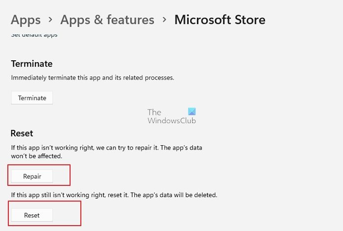 Microsoft Store ऐप - Windows 11 को रीसेट करें