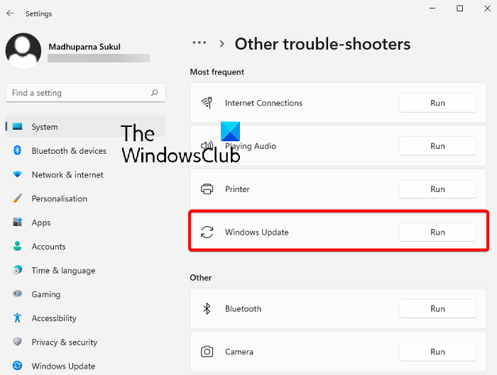   הפעל את פותר הבעיות של Windows Update לשגיאה 0x8007001d