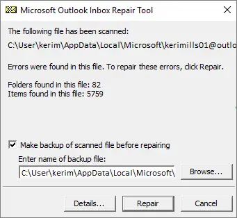   Ferramenta de reparo da caixa de entrada do Outlook