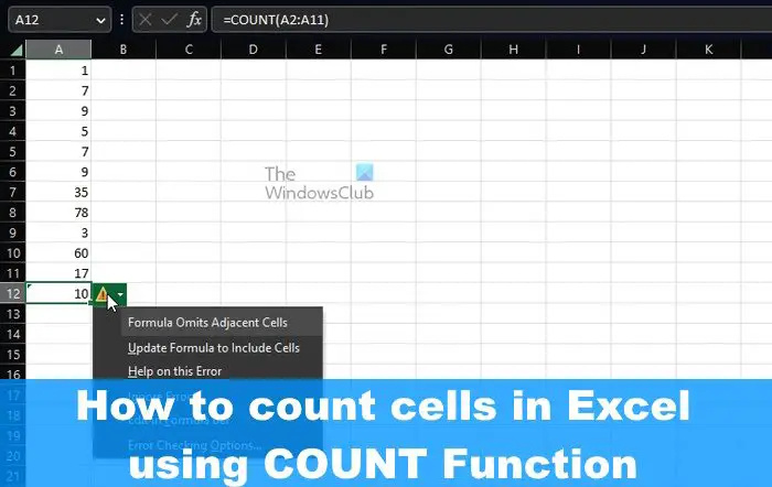 COUNT फ़ंक्शन का उपयोग करके Excel में सेल की गणना कैसे करें