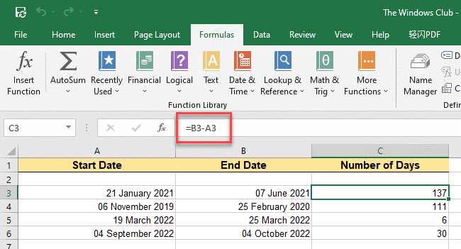 Tæl dage mellem to datoer i Excel ved hjælp af subtraktion