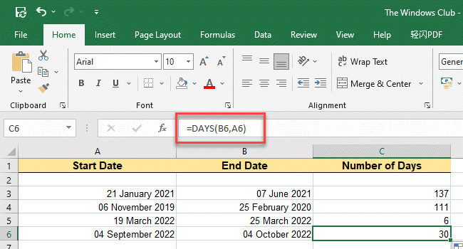 Tæl dage mellem to datoer i Excel ved hjælp af DAGE-funktionen