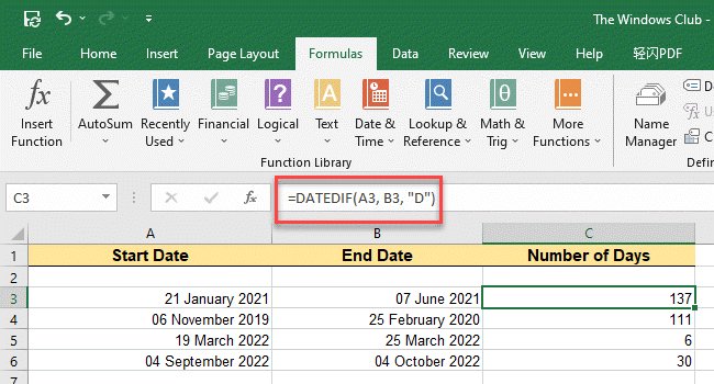 एक्सेल में DATEDIF फ़ंक्शन के साथ दो तिथियों के बीच दिनों की गणना करें