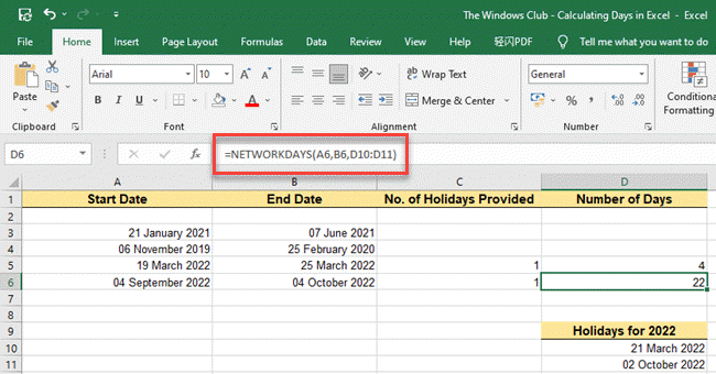 عد الأيام بين تاريخين في Excel باستخدام وظيفة NETWORKDAYS