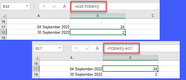 Tæl dage mellem to datoer i Excel ved hjælp af funktionen I DAG