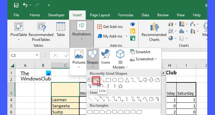 Excel లో లైన్ సాధనాన్ని ఉపయోగించడం