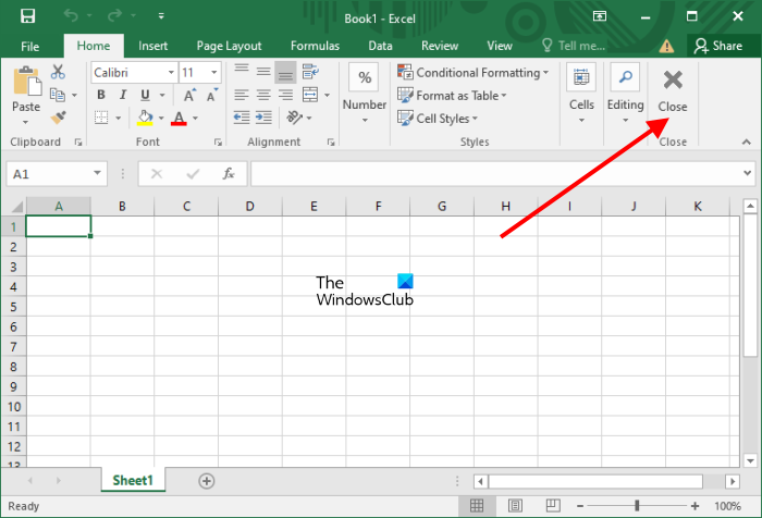 Bouton Fermer sur le ruban Excel
