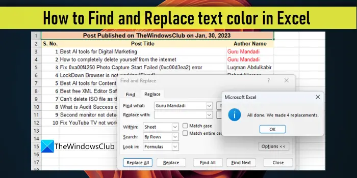 Comment rechercher et remplacer la couleur du texte dans Excel
