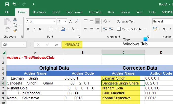   Excel'de TRIM() işlevini kullanarak boşlukları kaldırın