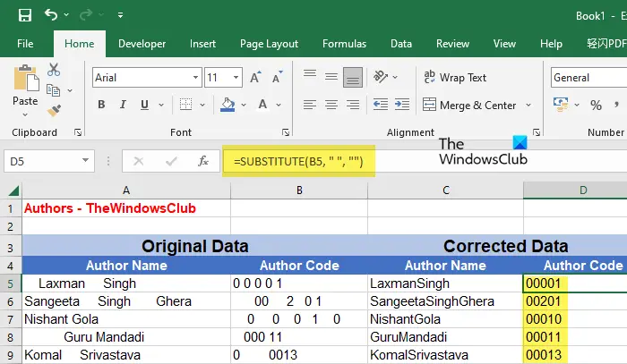   Alih keluar ruang menggunakan fungsi SUBSTITUTE() dalam Excel