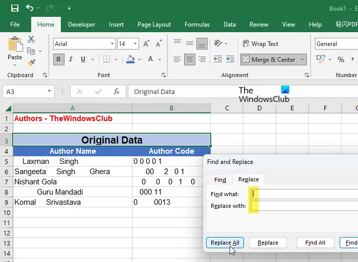   Fjern mellemrum ved hjælp af funktionen Find og erstat i Excel